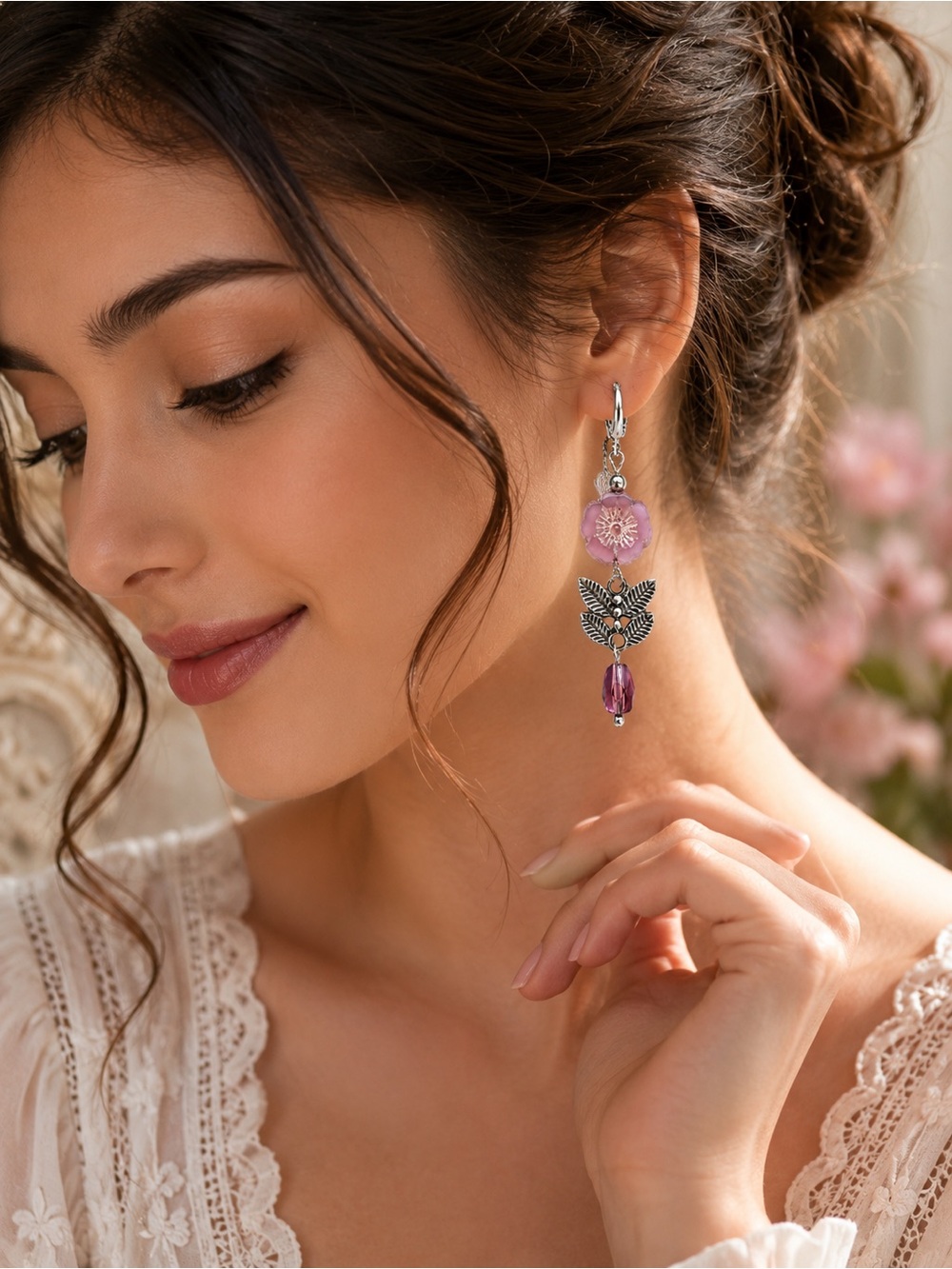 Pink Flower & Silver Leaf Dangle Earrings | Leverbacks - Picture 2 of 5